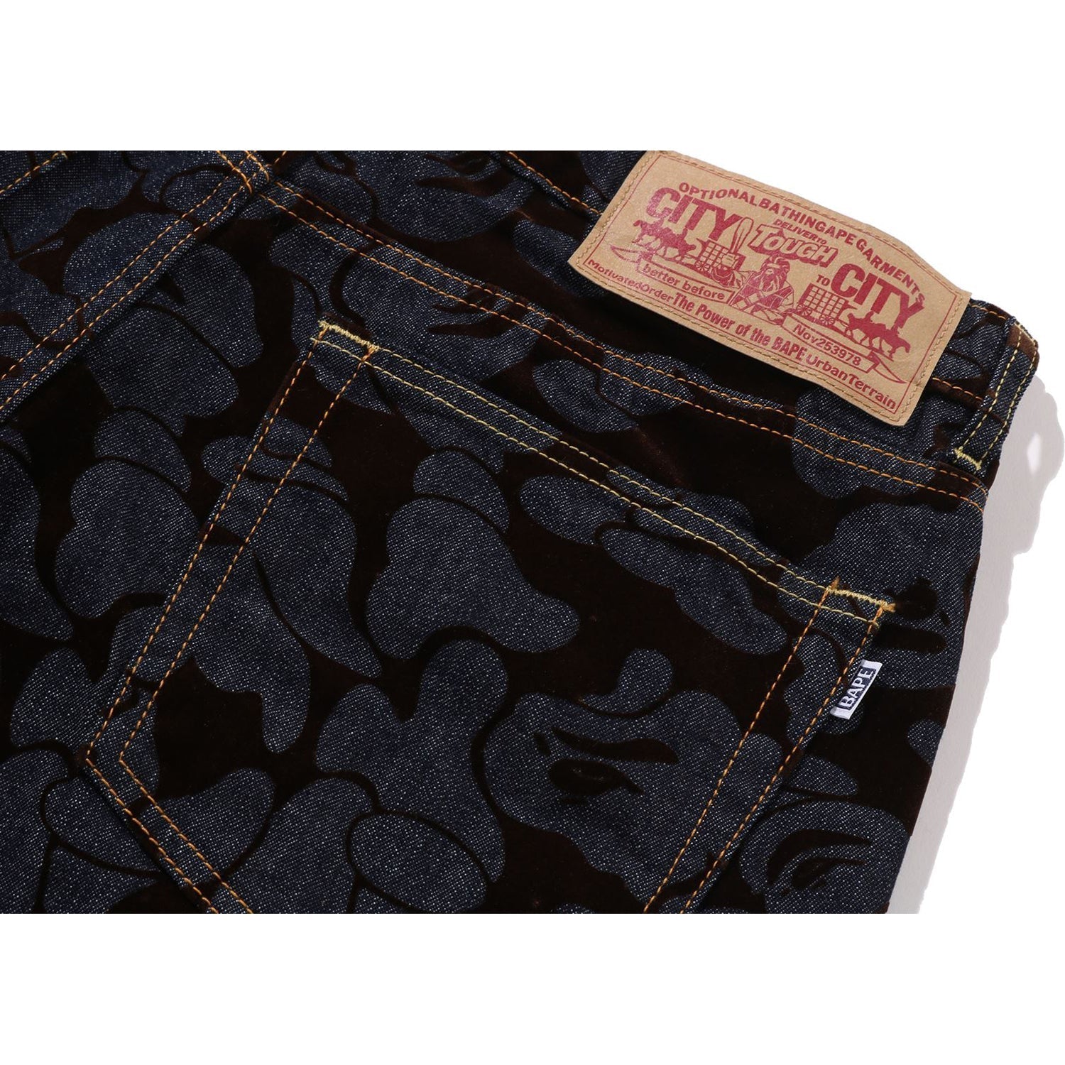 BAPE CAMO FLOCKED RELAXED FIT 13 OZ DENIM PANTS MENS