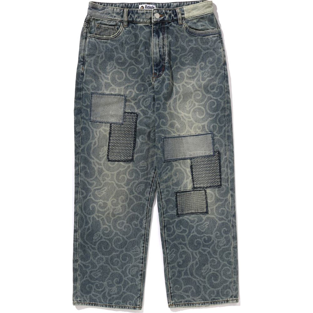 BAPE CLOUD CAMO JACQUARD UPCYCLED RELAXED FIT 13 OZ DENIM PANTS MENS