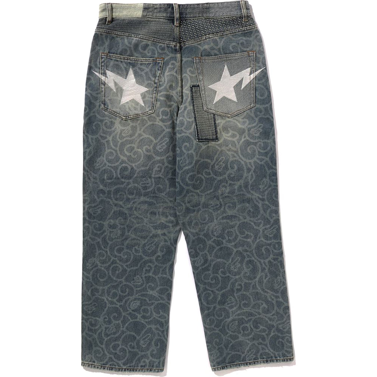 BAPE CLOUD CAMO JACQUARD UPCYCLED RELAXED FIT 13 OZ DENIM PANTS MENS