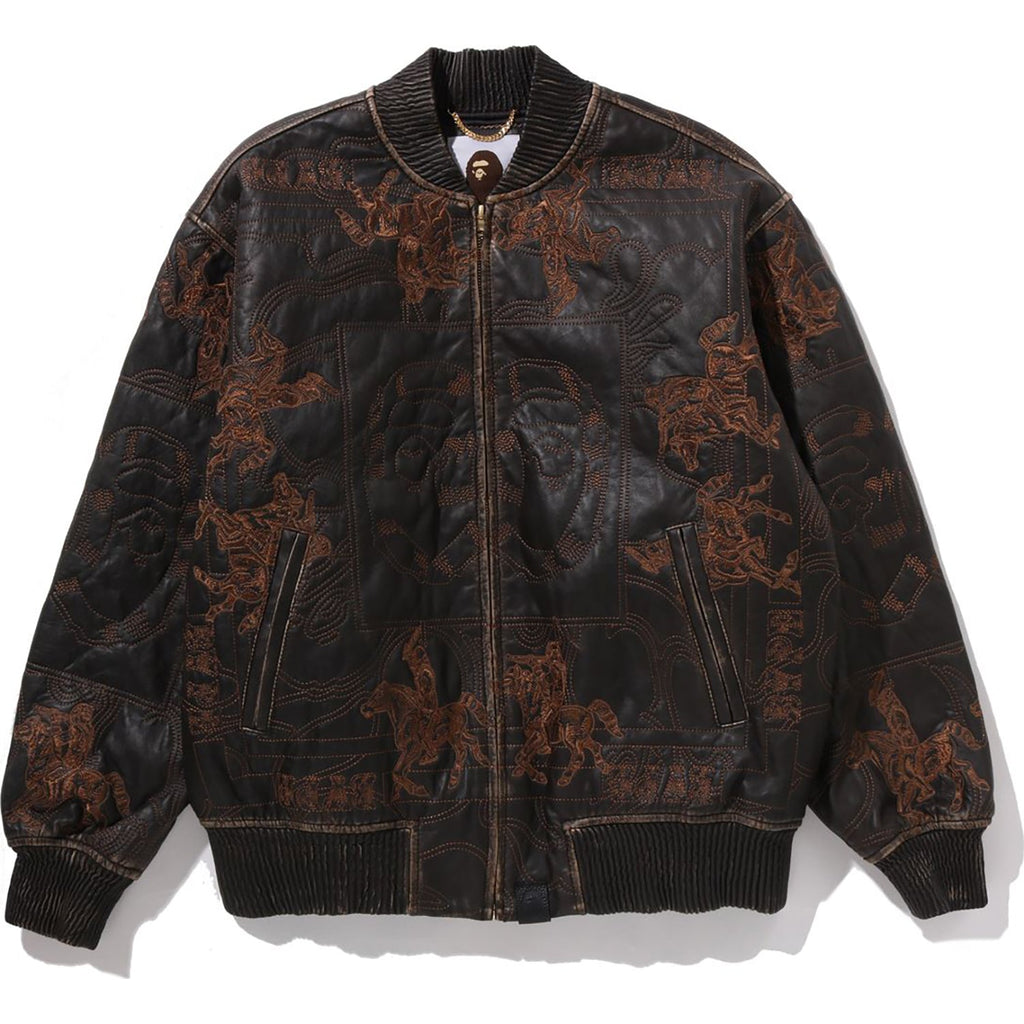 BAPE MULTI LOGO QUILTED LEATHER BOMBER JACKET MENS