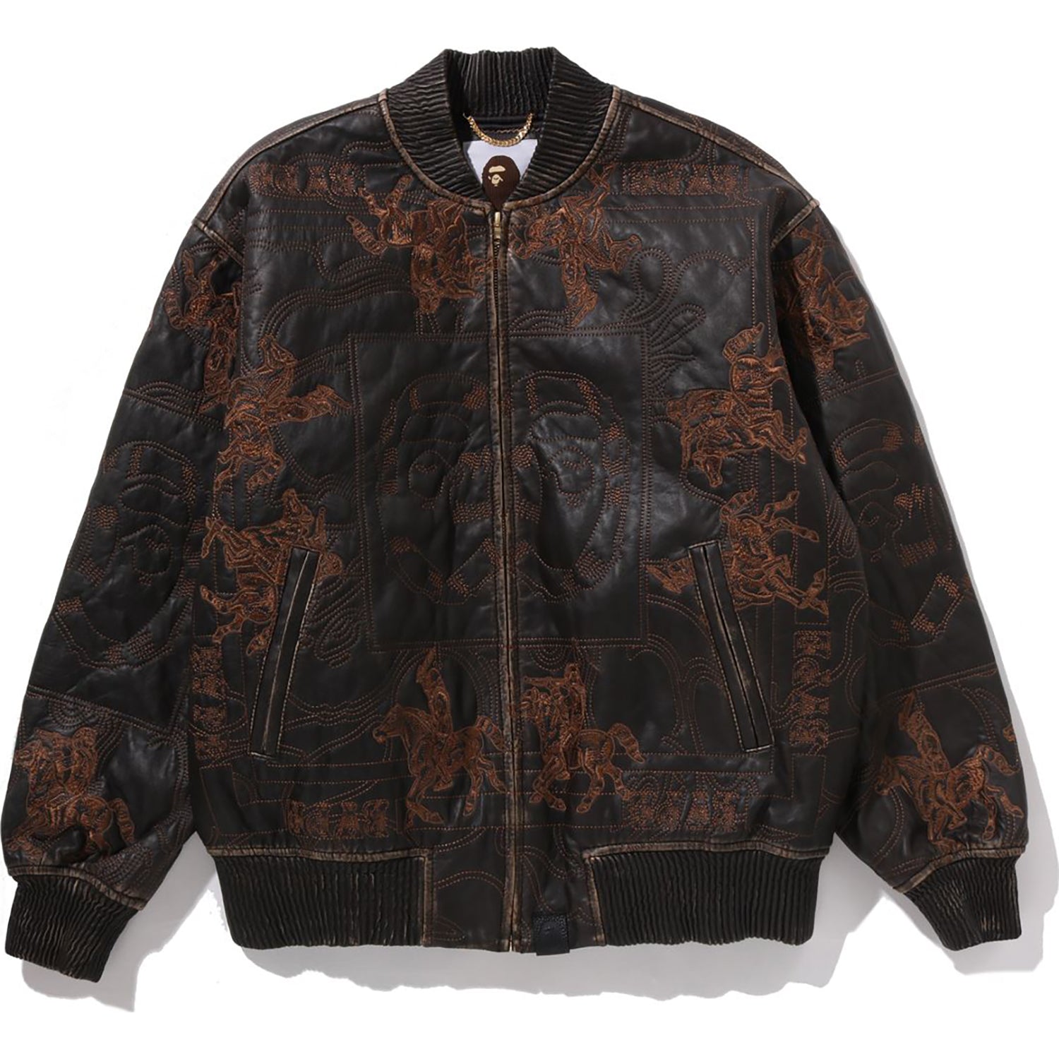 BAPE MULTI LOGO QUILTED LEATHER BOMBER JACKET MENS