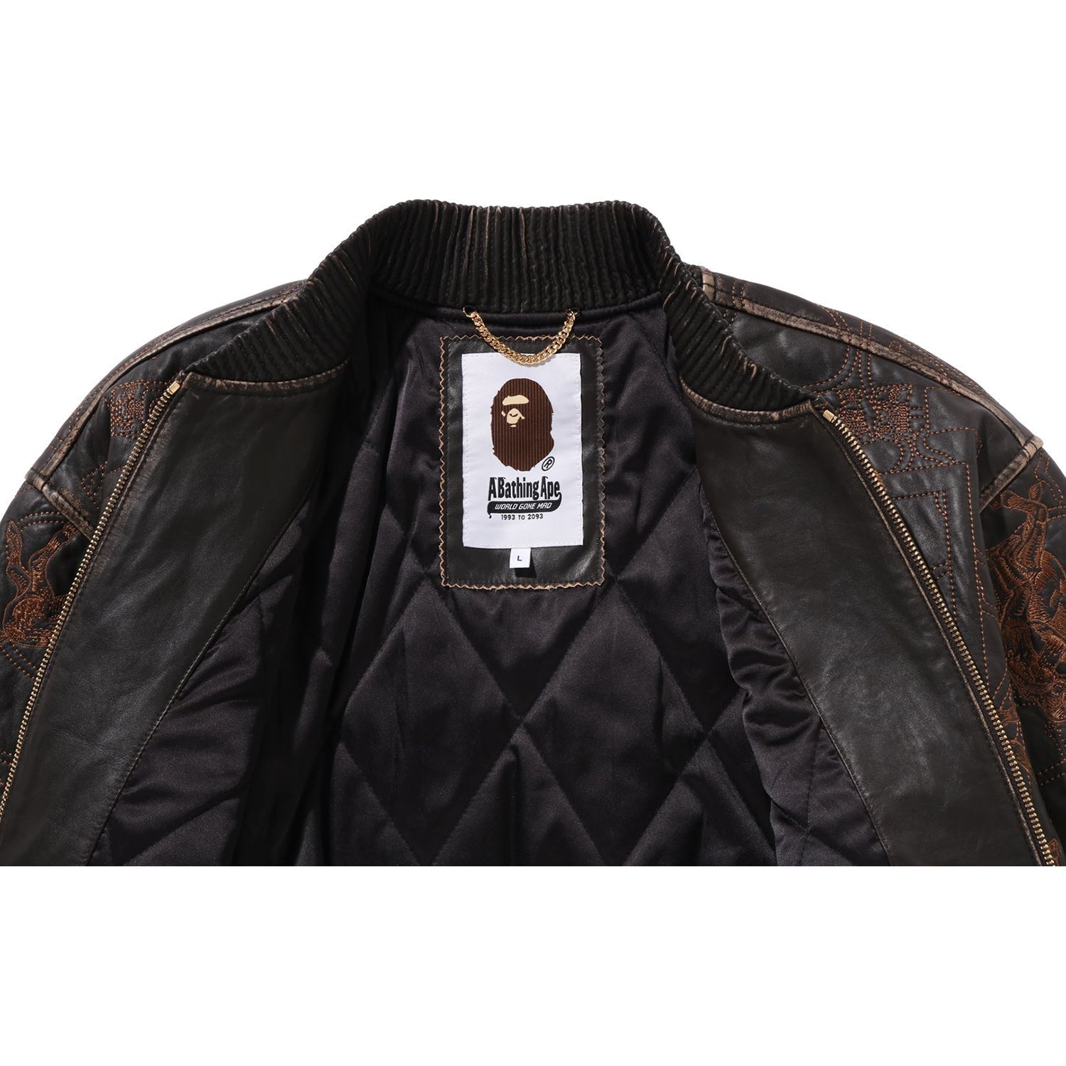 BAPE MULTI LOGO QUILTED LEATHER BOMBER JACKET MENS