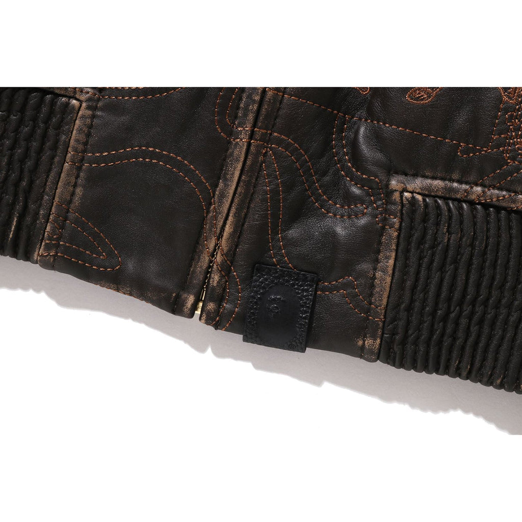 BAPE MULTI LOGO QUILTED LEATHER BOMBER JACKET MENS