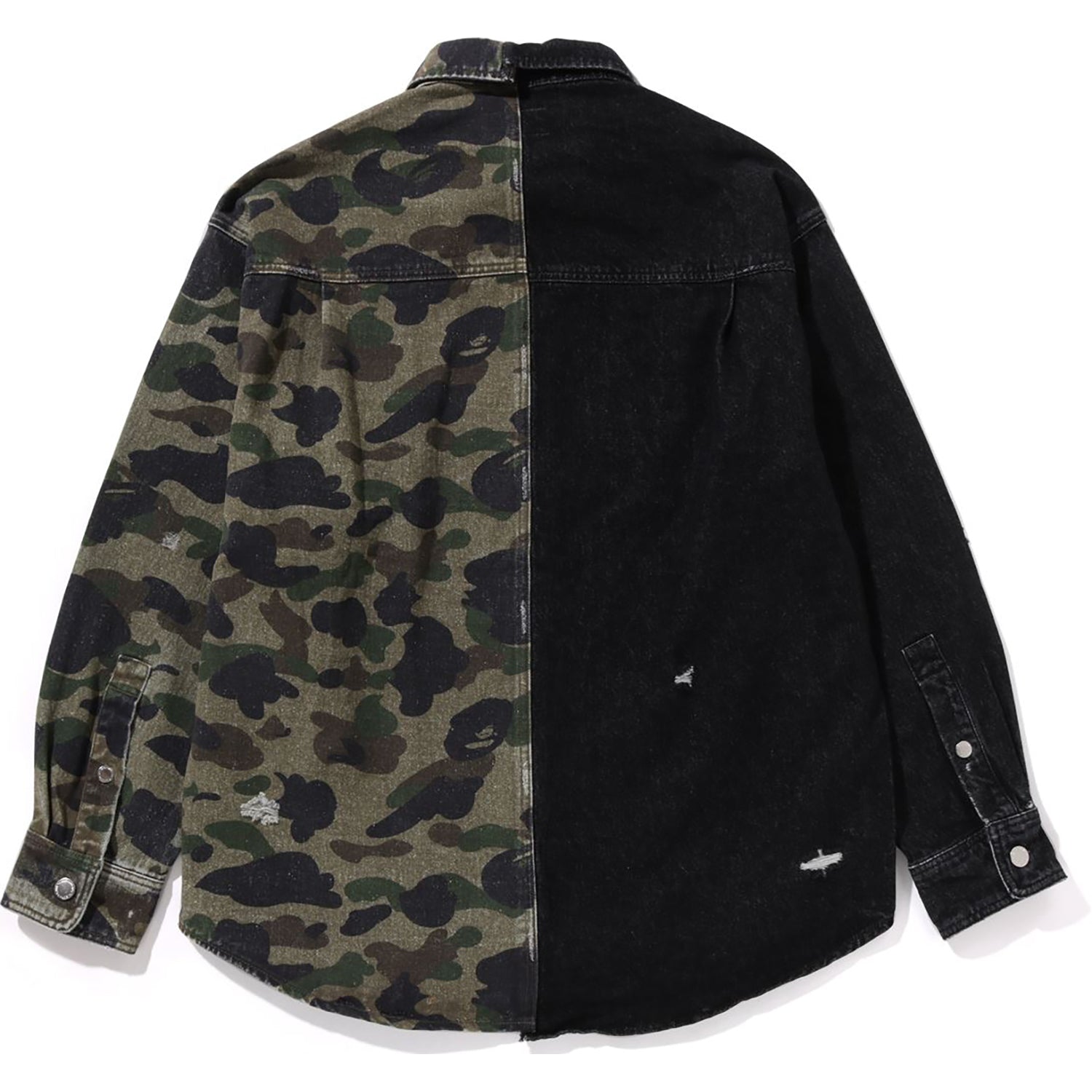 BAPE 1ST CAMO BLOCKING DESTORYED HEAVY WASH LOGO LS SHIRT MENS