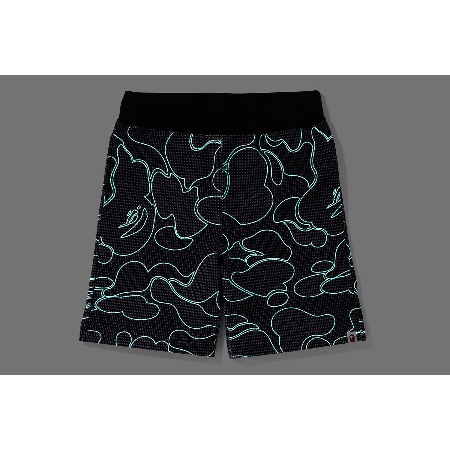 BAPE TEXT CODE CAMO SWEAT SHORTS MENS
