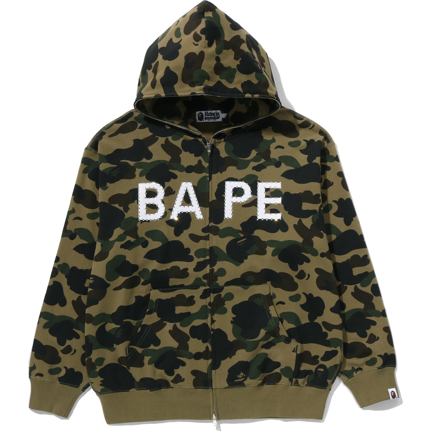 BAPE 1ST CAMO LOGO RHINESTONE RELAXED FIT FULL ZIP HOODIE MENS