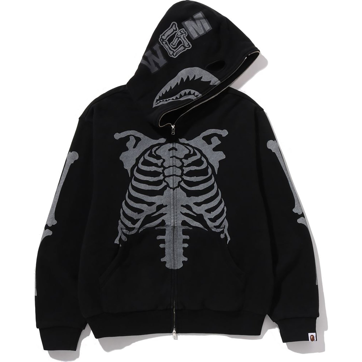 BAPE SKELETON SHARK HEAVY WASHED CROPPED FIT FULL ZIP HOODIE MENS