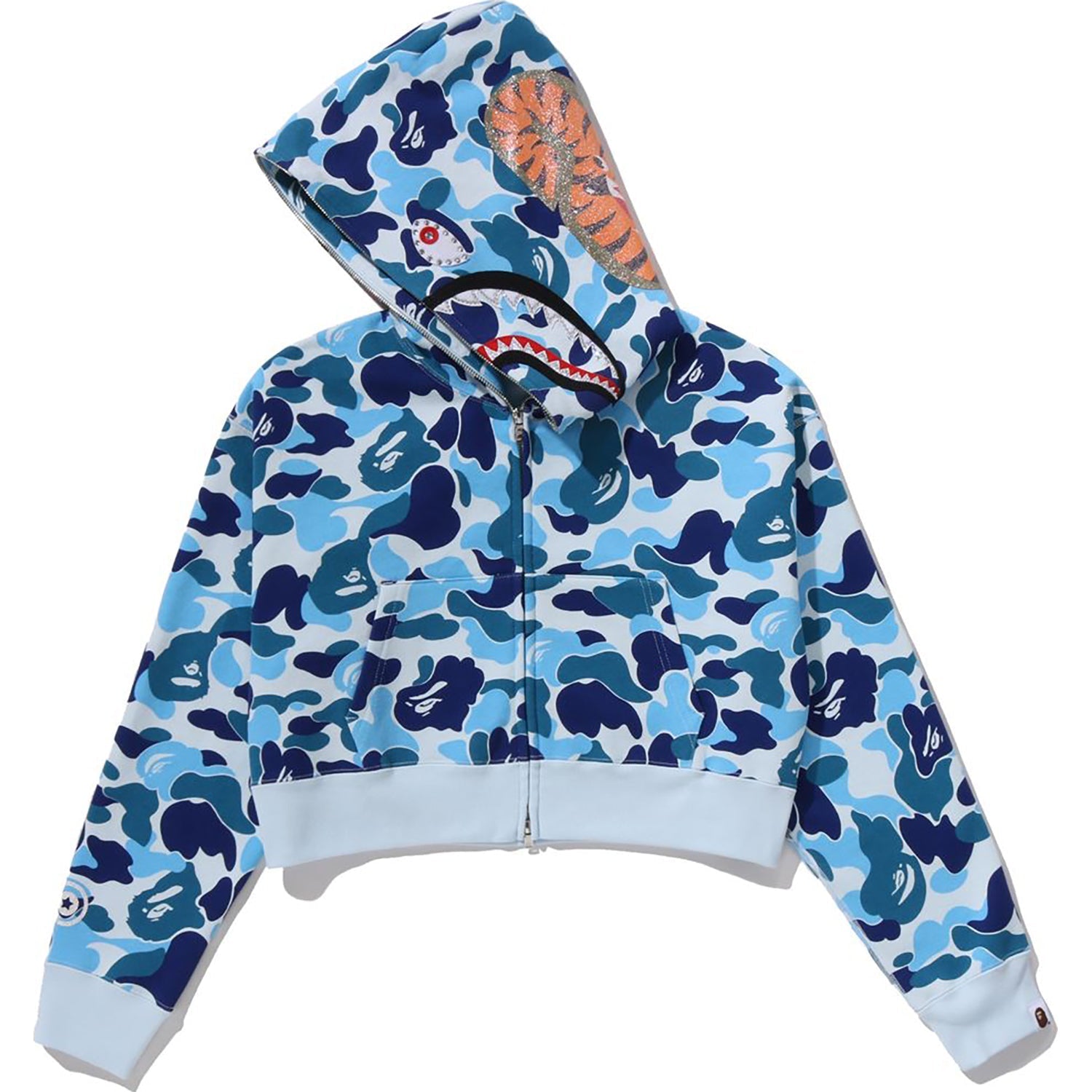 BAPE ABC CAMO CRYSTAL STONE SHARK CROPPED FULL ZIP HOODIE LADIES