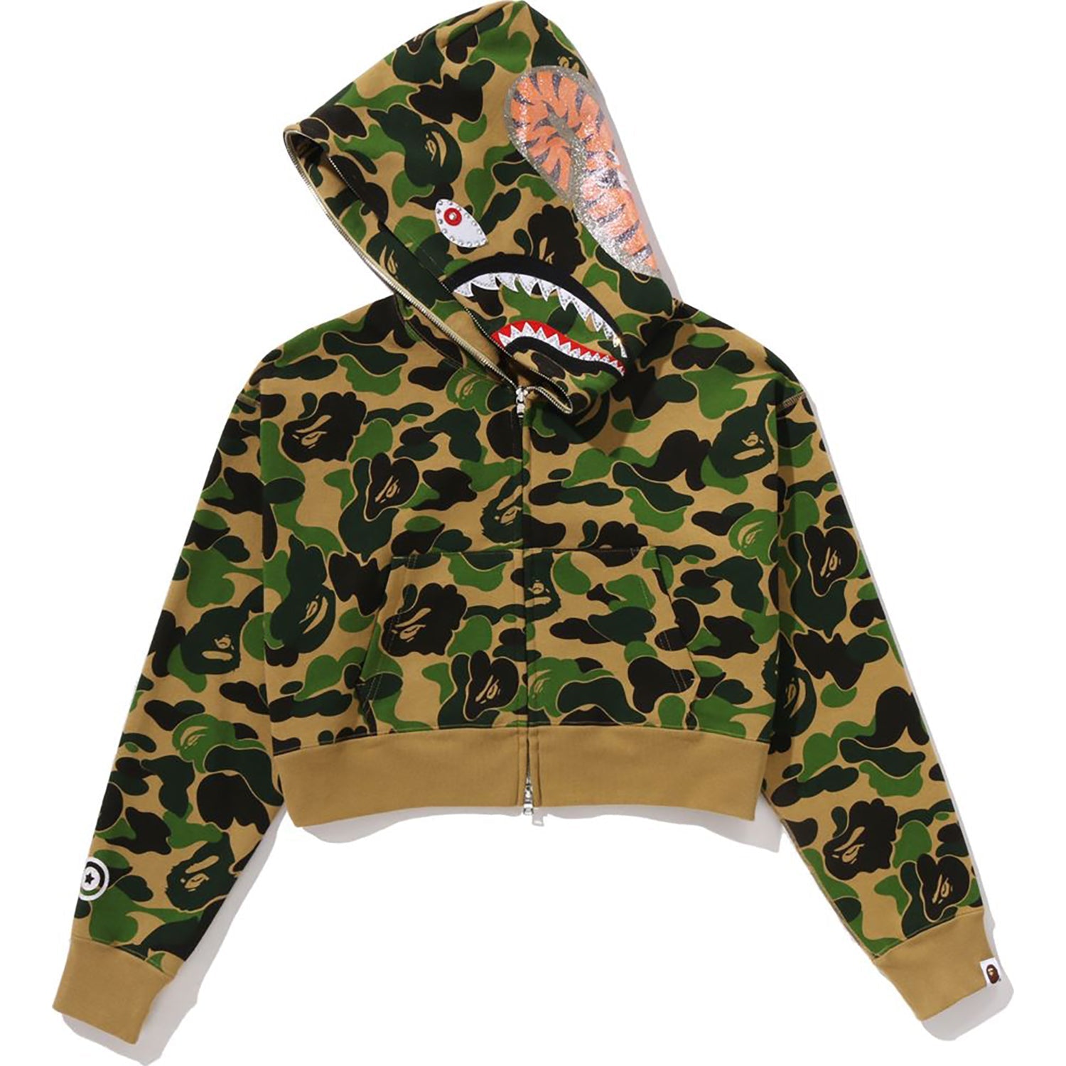 BAPE ABC CAMO CRYSTAL STONE SHARK CROPPED FULL ZIP HOODIE LADIES