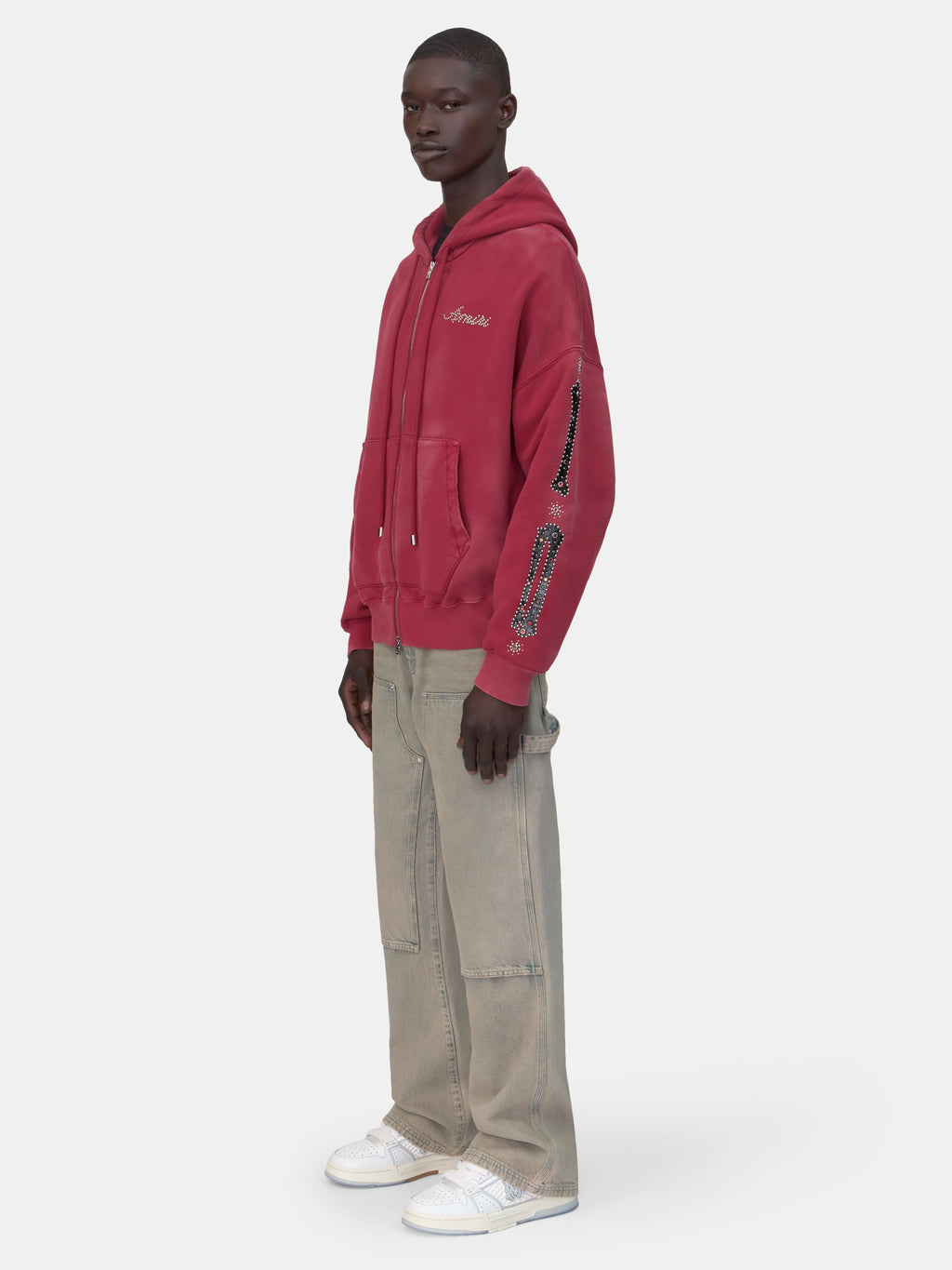 BONES STUDDED OVERSIZED ZIP HOODIE - Red Rose