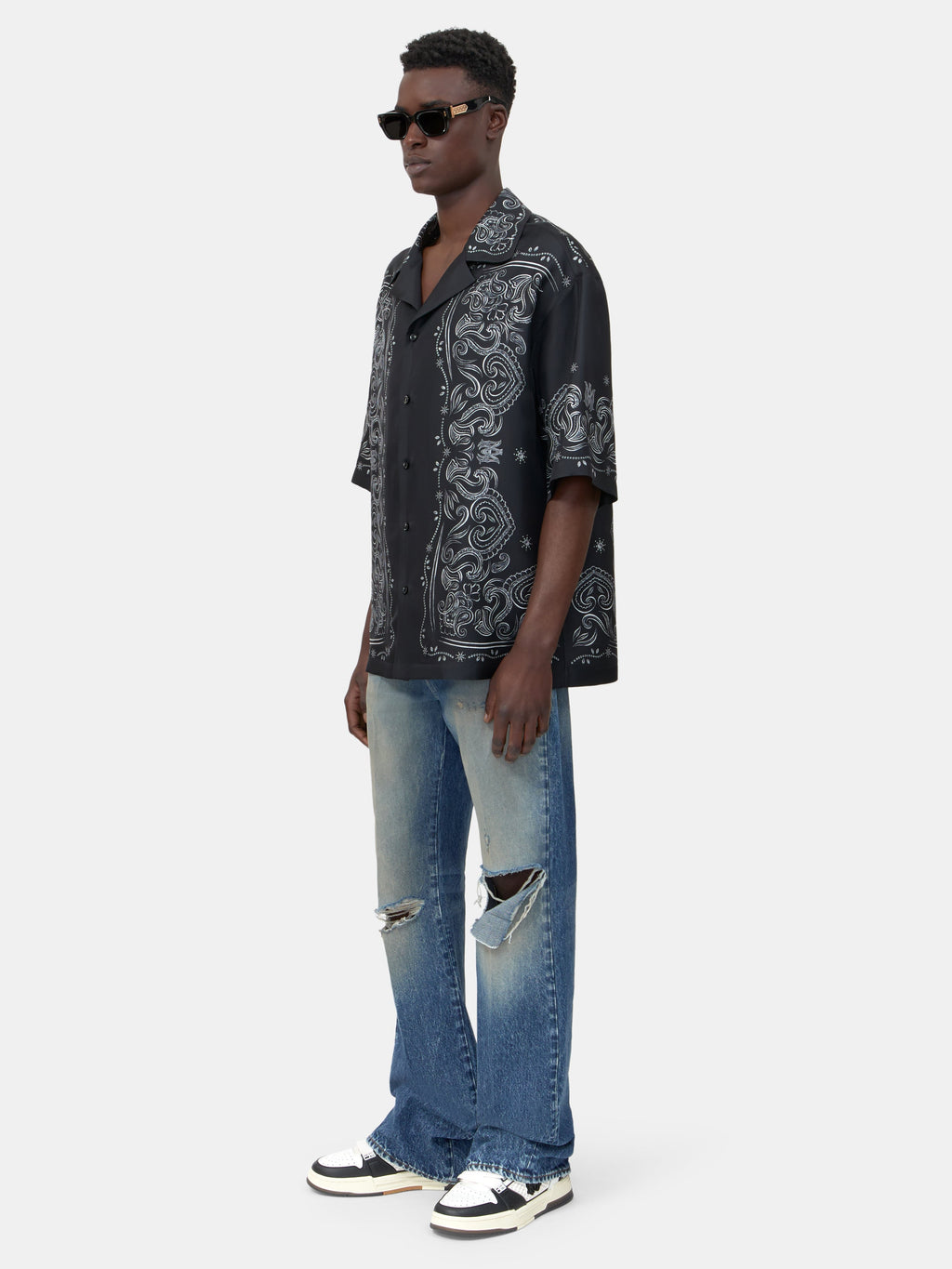 BANDANA PAINT OVERSIZED BOWLING SHIRT - Black