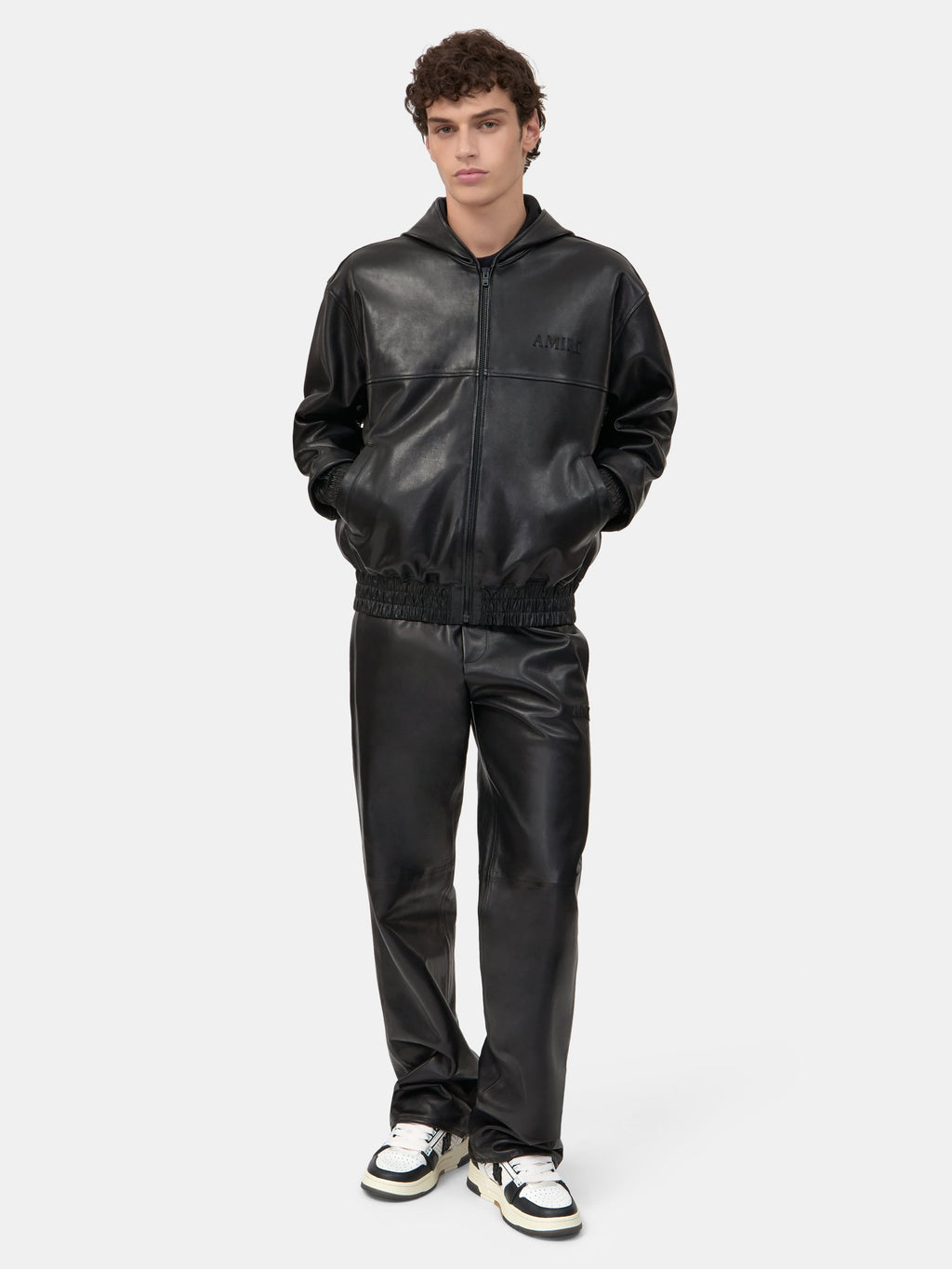 LEATHER OVERSIZED ZIP HOODIE - Black