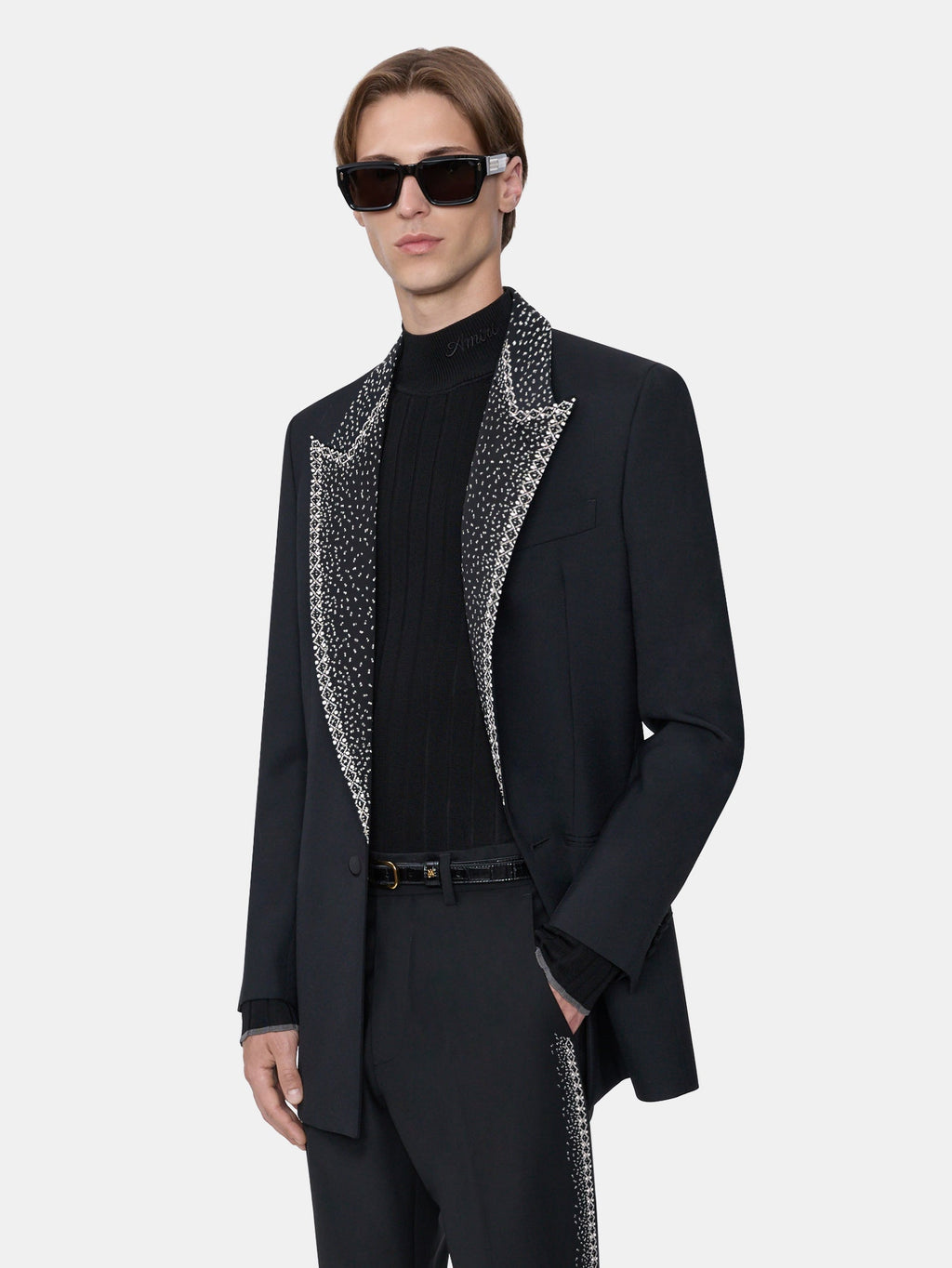 EMBELLISHED LAPEL SINGLE-BREASTED BLAZER - BLACK