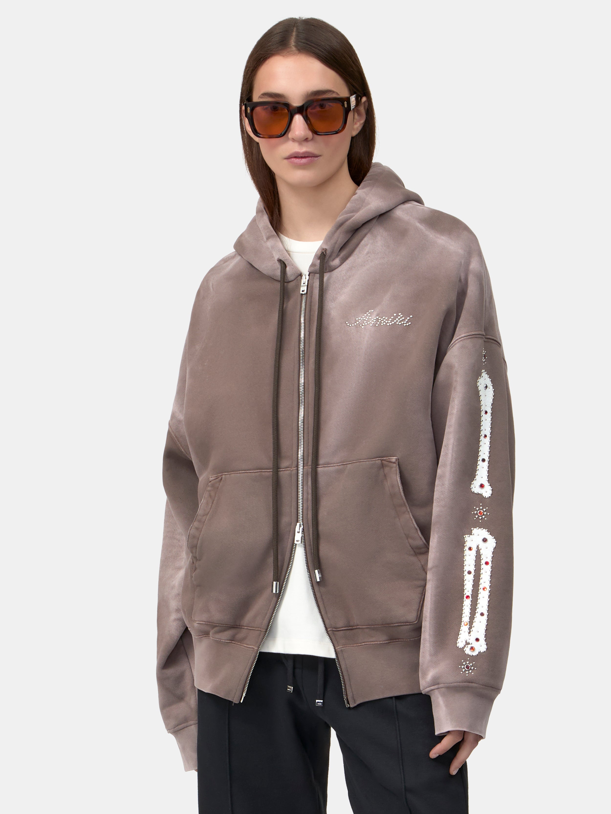WOMEN - WOMEN'S BONES STUDDED ZIP HOODIE - Dark Brown