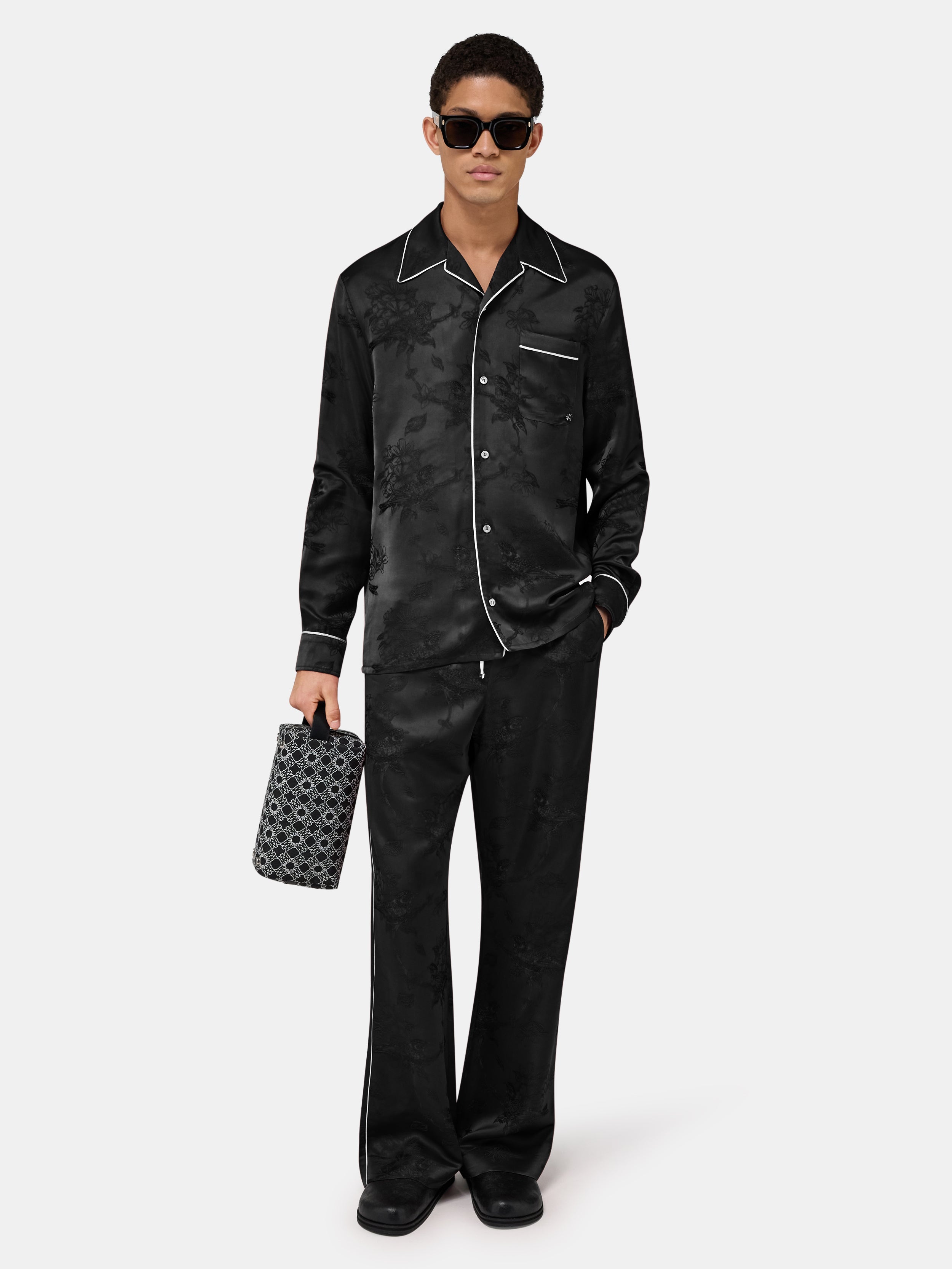 FLORAL JACQUARD PAJAMA SHIRT - Black