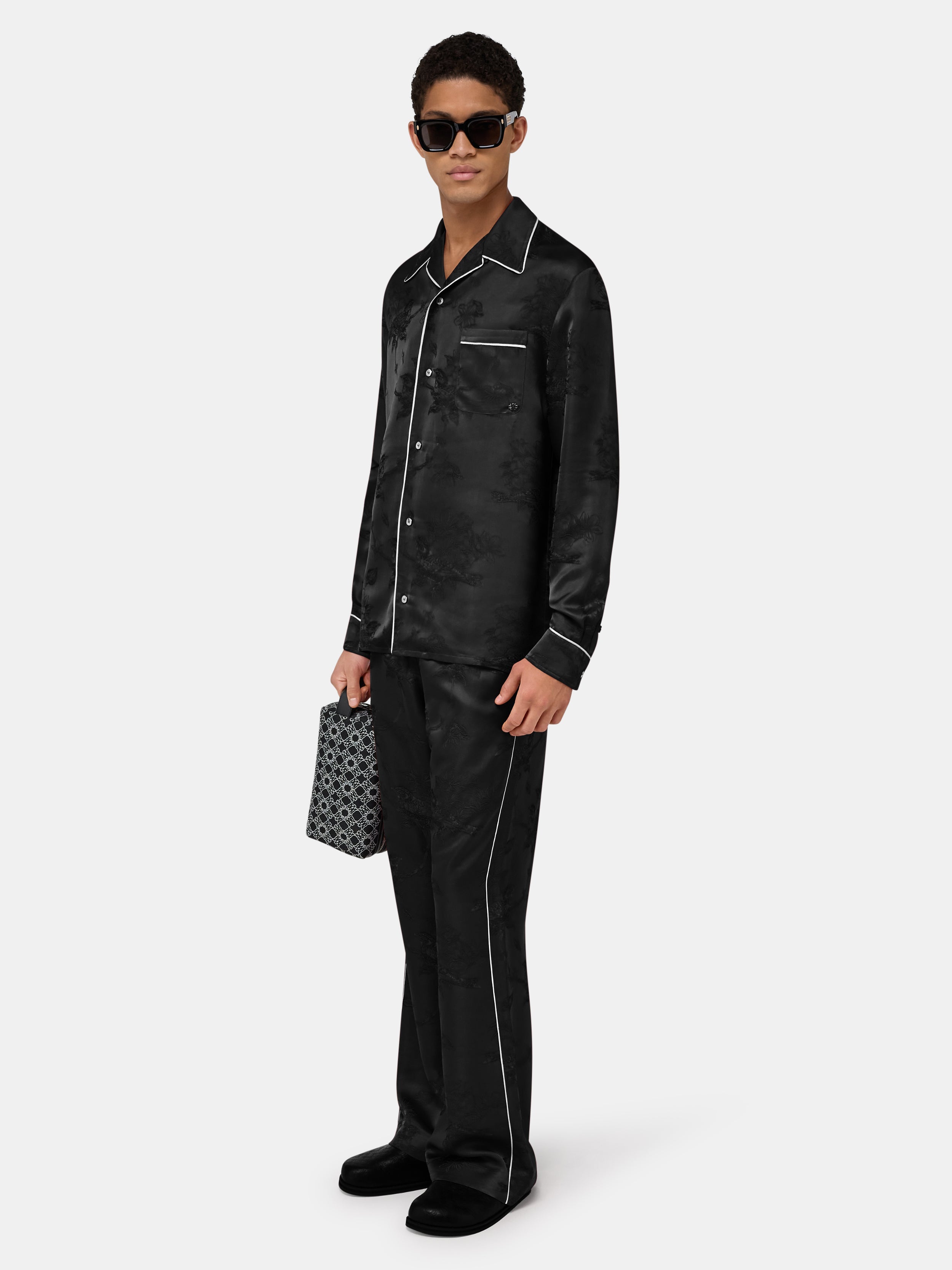 FLORAL JACQUARD PAJAMA SHIRT - Black