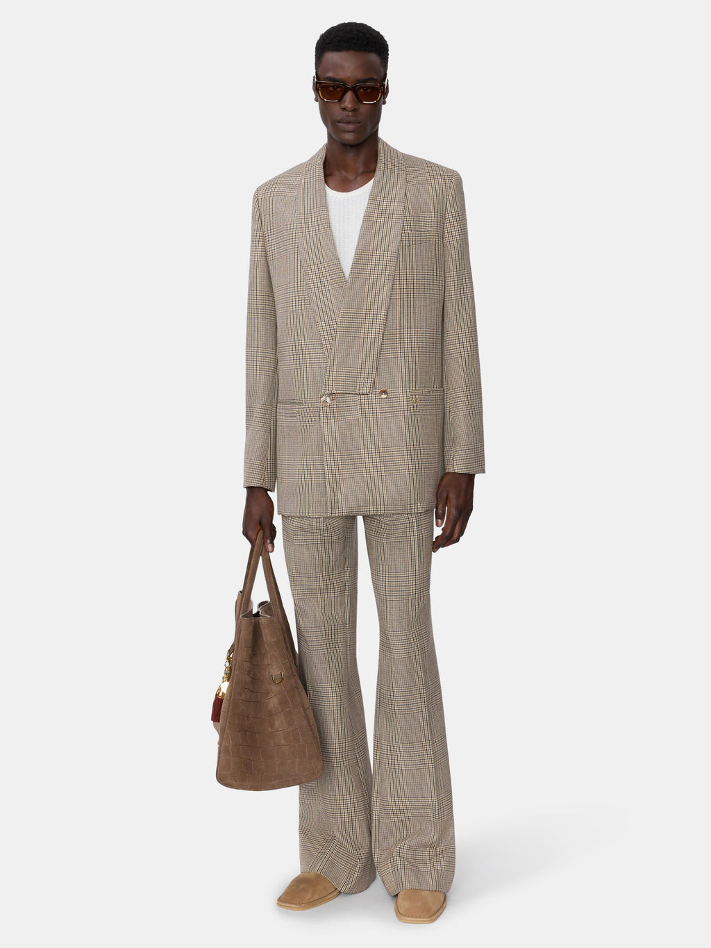 CHECK BOOT CUT PANT - Taupe