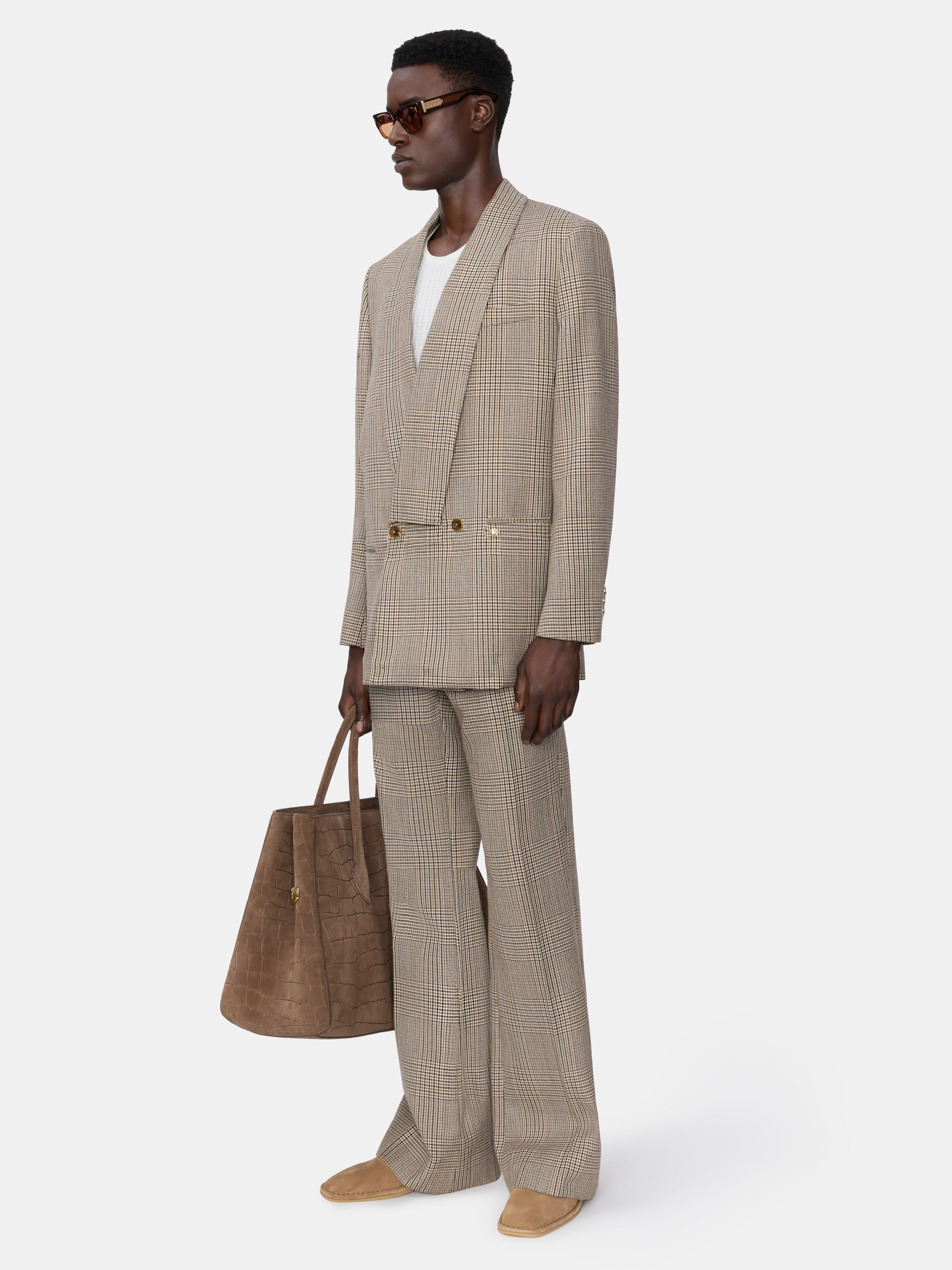 CHECK BOOT CUT PANT - Taupe