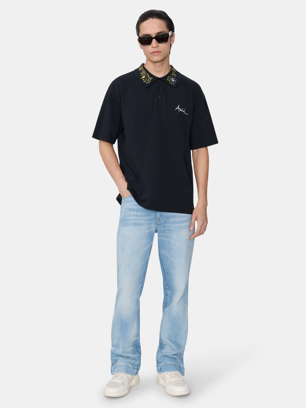 AMIRI FLORAL COLLAR POLO - Black