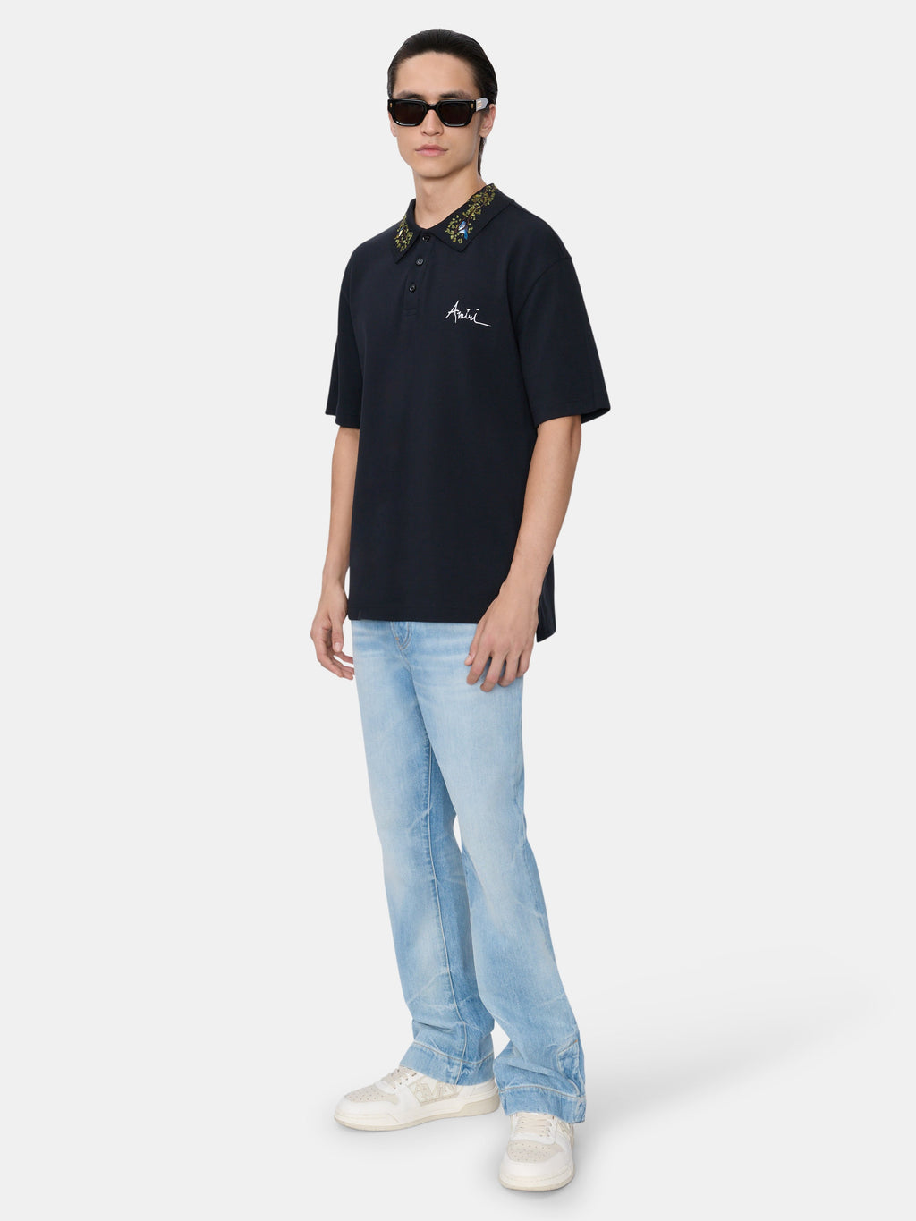 AMIRI FLORAL COLLAR POLO - Black