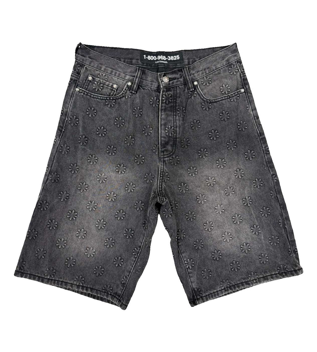Lost Shdws Embossed Logo Denim Shorts Washed Black