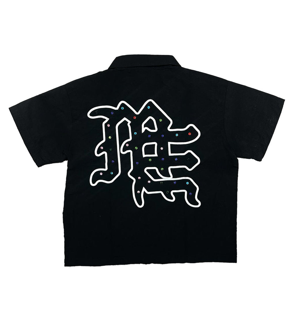 Mixed Emotion Rhinestone Zip Up Shirt Black