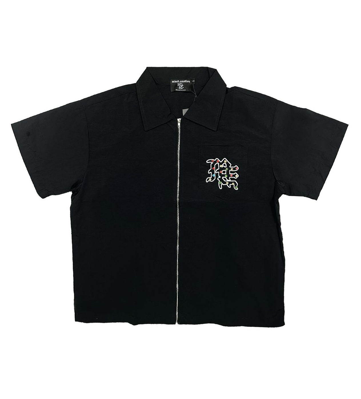 Mixed Emotion Rhinestone Zip Up Shirt Black