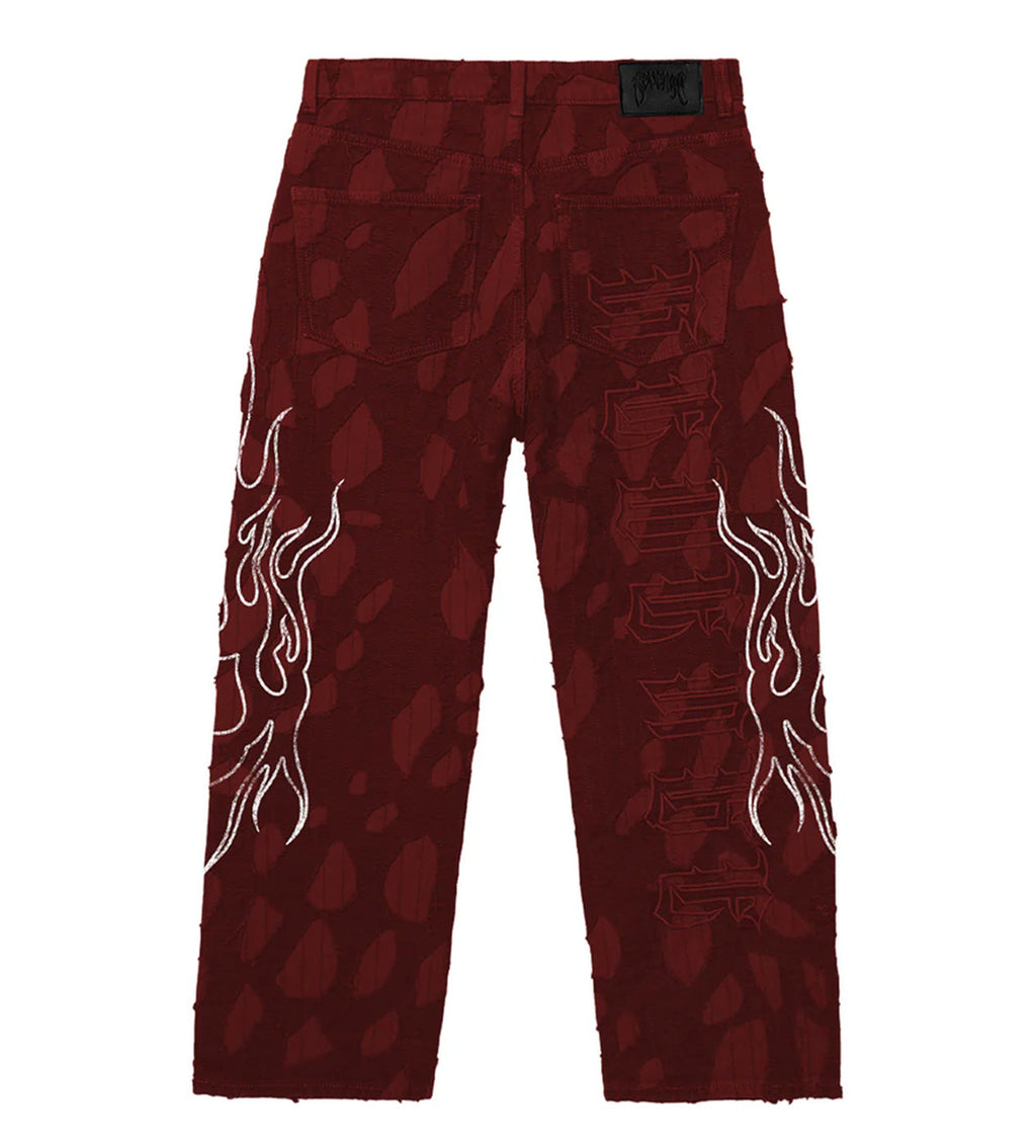 Revenge Flame Distressed Boro Denim Pant Red