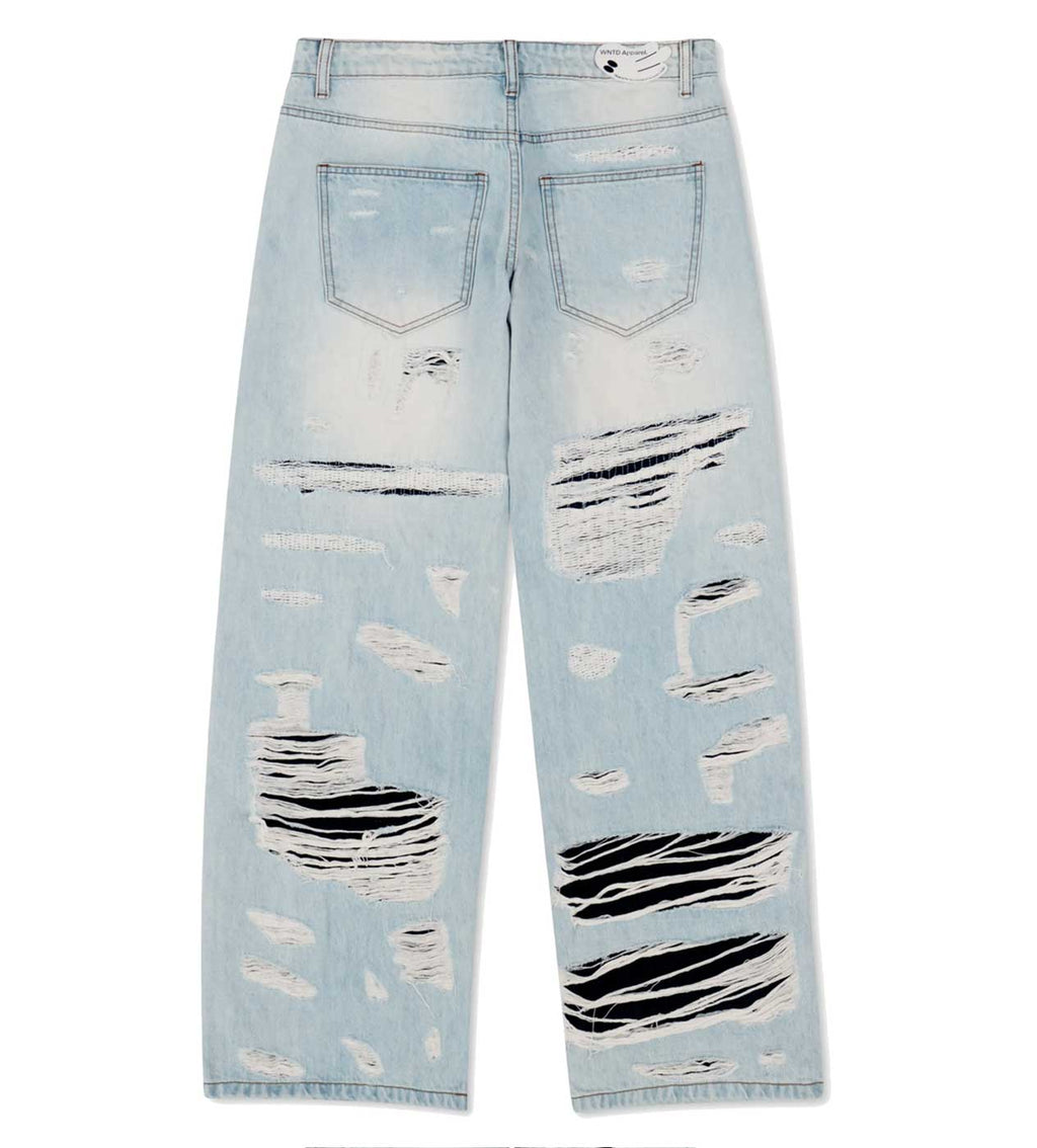 WNTD Distressed Double Denim Pants Blue